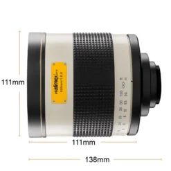 Walimex pro Spiegel Objektiv 800/8,0 DSLR kompatibel mit Sony E – Länge 131mm – für 800mm Brennweite – Vollformat / APS-C Sensor – für Reise Natur Tiere – K-Mount T2-Adapter – 3,5m Naheinstellgrenze