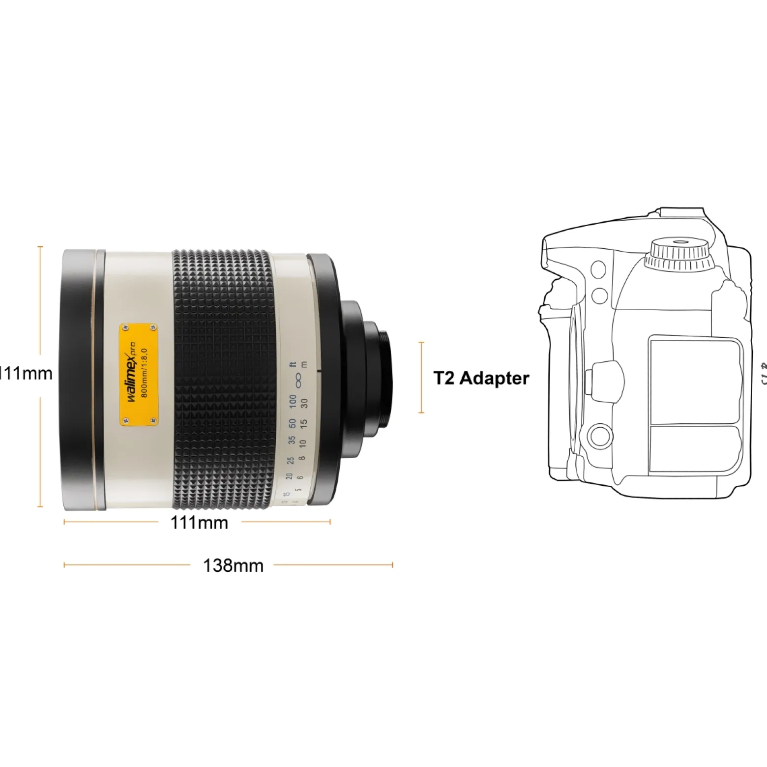 Walimex pro Spiegel Objektiv 800/8,0 DSLR kompatibel mit Sony E – Länge 131mm – für 800mm Brennweite – Vollformat / APS-C Sensor – für Reise Natur Tiere – K-Mount T2-Adapter – 3,5m Naheinstellgrenze
