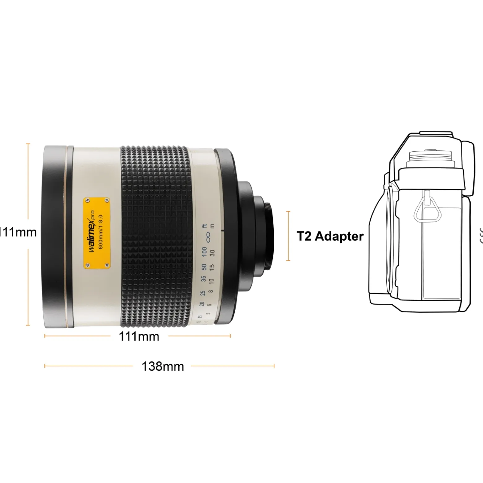 Walimex pro Spiegel Objektiv 800/8,0 DSLR kompatibel mit Sony E – Länge 131mm – für 800mm Brennweite – Vollformat / APS-C Sensor – für Reise Natur Tiere – K-Mount T2-Adapter – 3,5m Naheinstellgrenze