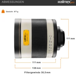 Walimex pro Spiegel Objektiv 800/8,0 DSLR bajonett – Länge 131mm – für 800mm Brennweite – Vollformat / APS-C Sensor – für Reise Natur Tiere – K-Mount T2-Anschluss – 3,5m Naheinstellgrenze
