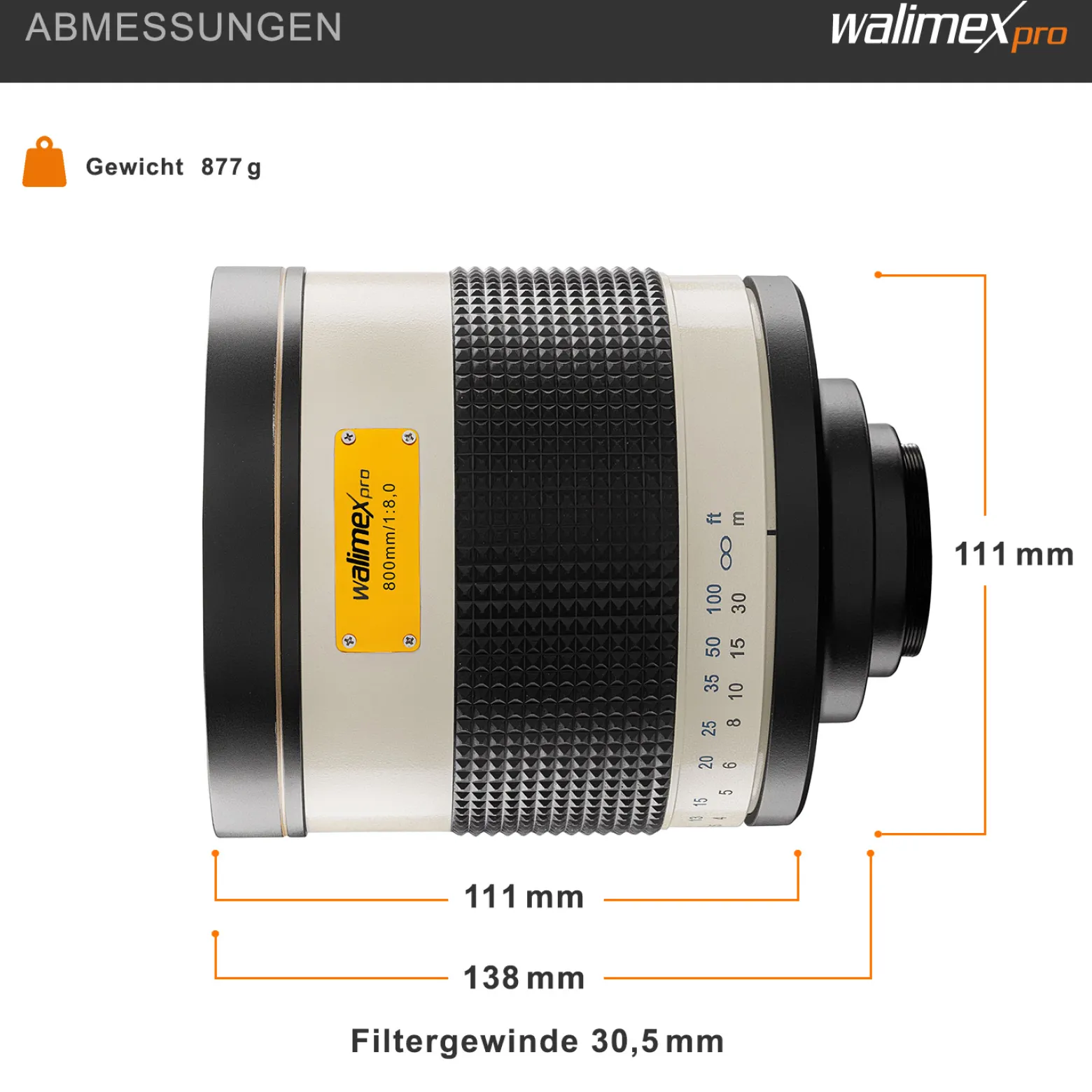 Walimex pro Spiegel Objektiv 800/8,0 DSLR bajonett – Länge 131mm – für 800mm Brennweite – Vollformat / APS-C Sensor – für Reise Natur Tiere – K-Mount T2-Anschluss – 3,5m Naheinstellgrenze