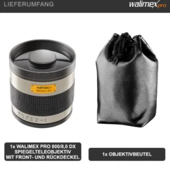 Walimex pro Spiegel Objektiv 800/8,0 DSLR bajonett – Länge 131mm – für 800mm Brennweite – Vollformat / APS-C Sensor – für Reise Natur Tiere – K-Mount T2-Anschluss – 3,5m Naheinstellgrenze