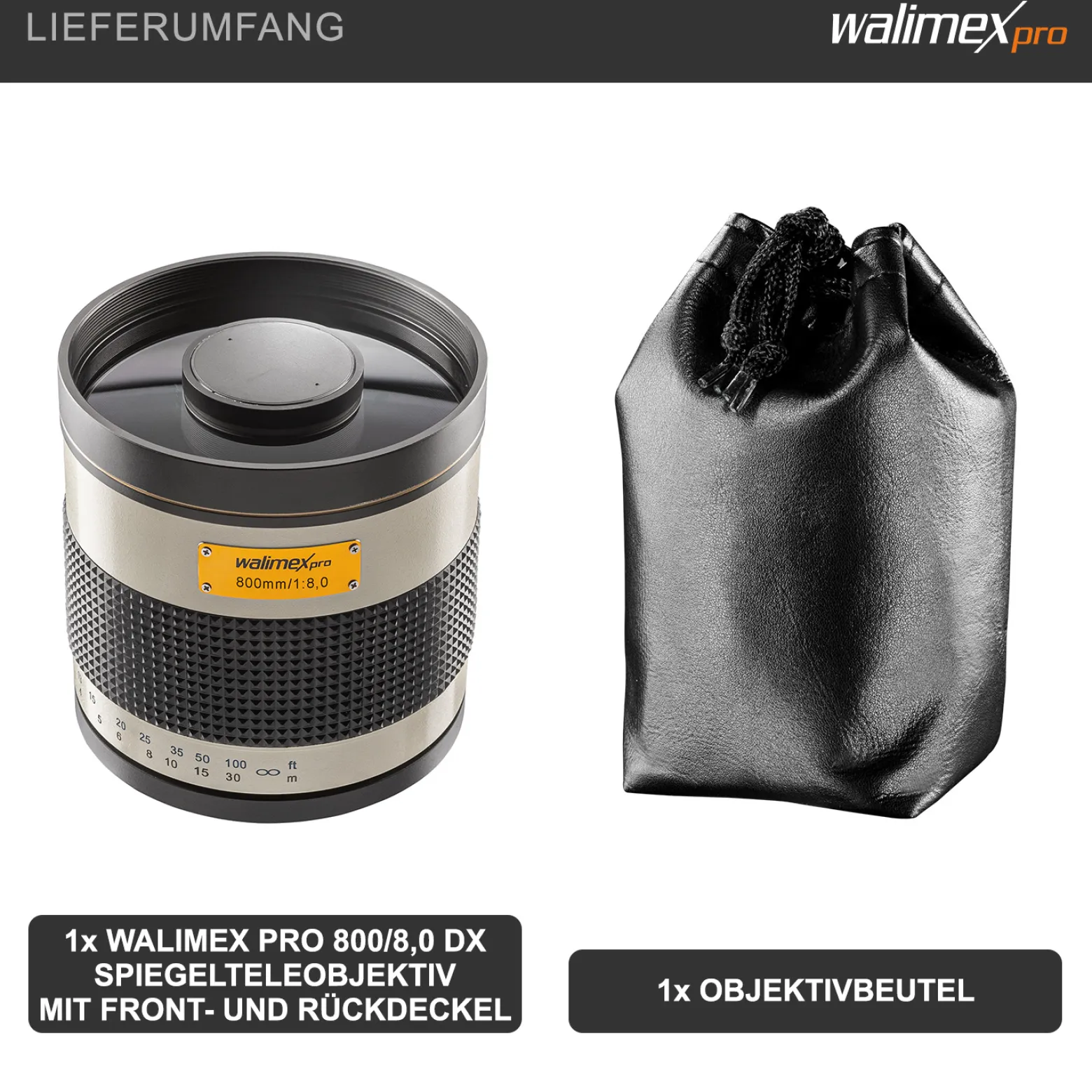 Walimex pro Spiegel Objektiv 800/8,0 DSLR bajonett – Länge 131mm – für 800mm Brennweite – Vollformat / APS-C Sensor – für Reise Natur Tiere – K-Mount T2-Anschluss – 3,5m Naheinstellgrenze
