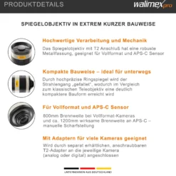 Walimex pro Spiegel Objektiv 800/8,0 DSLR bajonett – Länge 131mm – für 800mm Brennweite – Vollformat / APS-C Sensor – für Reise Natur Tiere – K-Mount T2-Anschluss – 3,5m Naheinstellgrenze