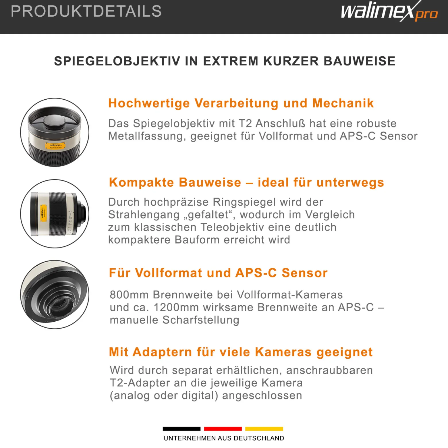 Walimex pro Spiegel Objektiv 800/8,0 DSLR bajonett – Länge 131mm – für 800mm Brennweite – Vollformat / APS-C Sensor – für Reise Natur Tiere – K-Mount T2-Anschluss – 3,5m Naheinstellgrenze