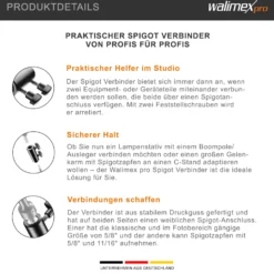 Walimex pro Spigot Verbinder 5/8" auf 5/8"-11/16", Adapter mit 2 Feststellschrauben, für Lampenstativ, Gelenkarm und Auslegearm