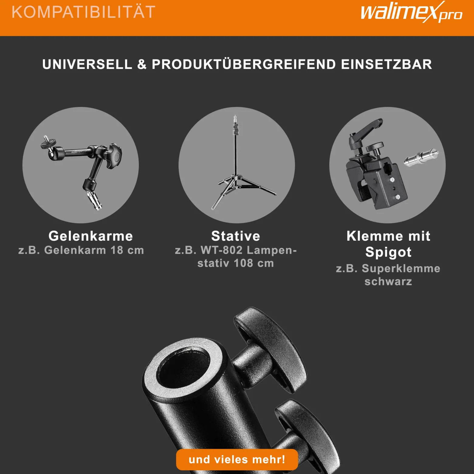Walimex pro Spigot Verbinder 5/8" auf 5/8"-11/16", Adapter mit 2 Feststellschrauben, für Lampenstativ, Gelenkarm und Auslegearm