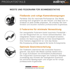 Walimex pro StabyBalance II Set, Weste und 2 Federarme für Schwebestativ bis 5,5 kg, Stativ Zubehör für professionelle Videografie, Videofilm