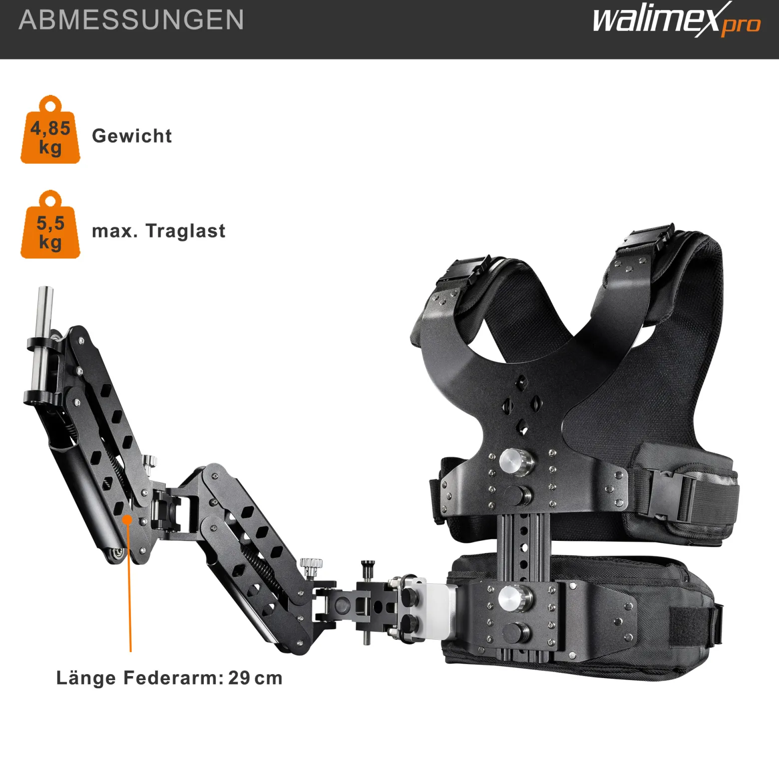 Walimex pro StabyBalance II Set, Weste und 2 Federarme für Schwebestativ bis 5,5 kg, Stativ Zubehör für professionelle Videografie, Videofilm