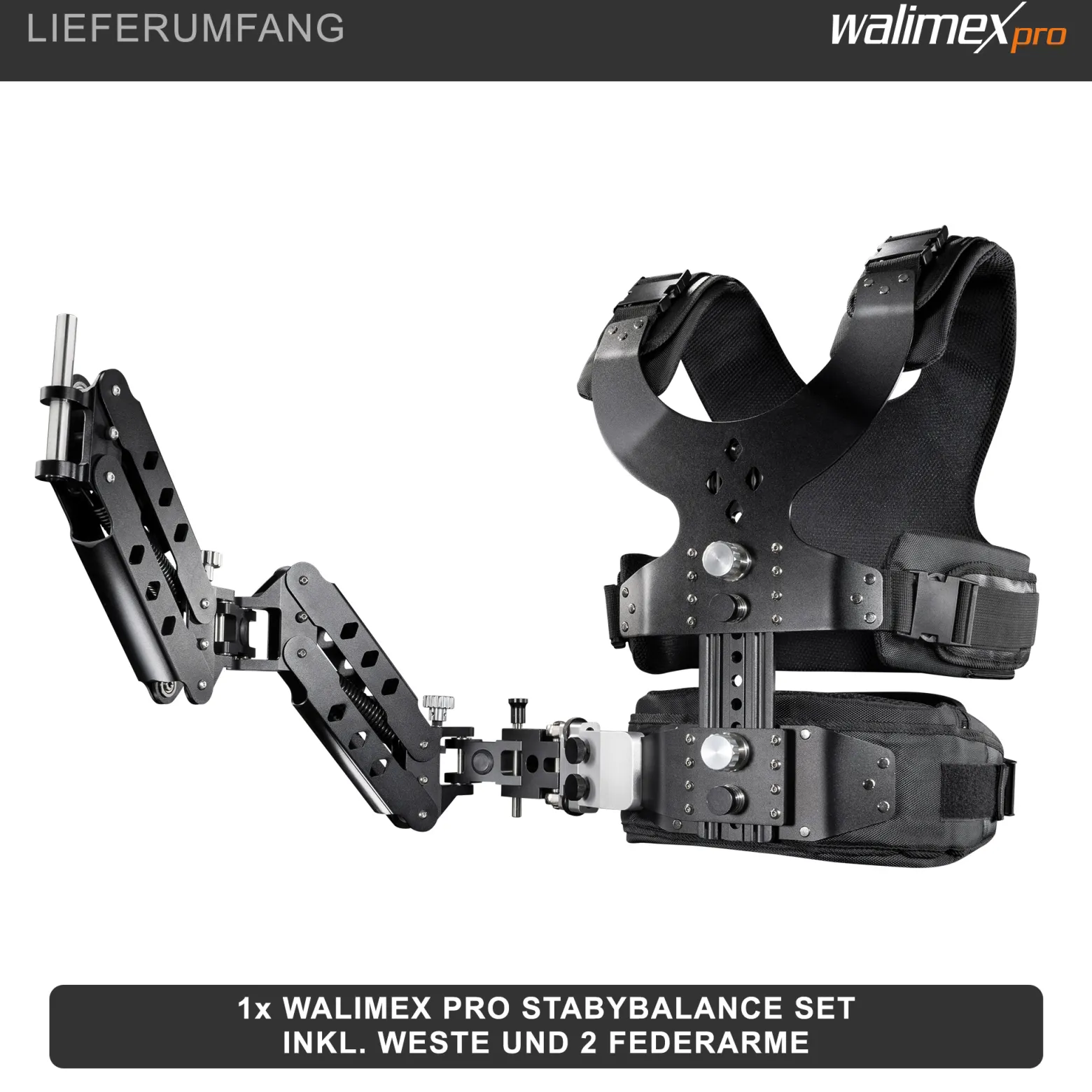 Walimex pro StabyBalance II Set, Weste und 2 Federarme für Schwebestativ bis 5,5 kg, Stativ Zubehör für professionelle Videografie, Videofilm