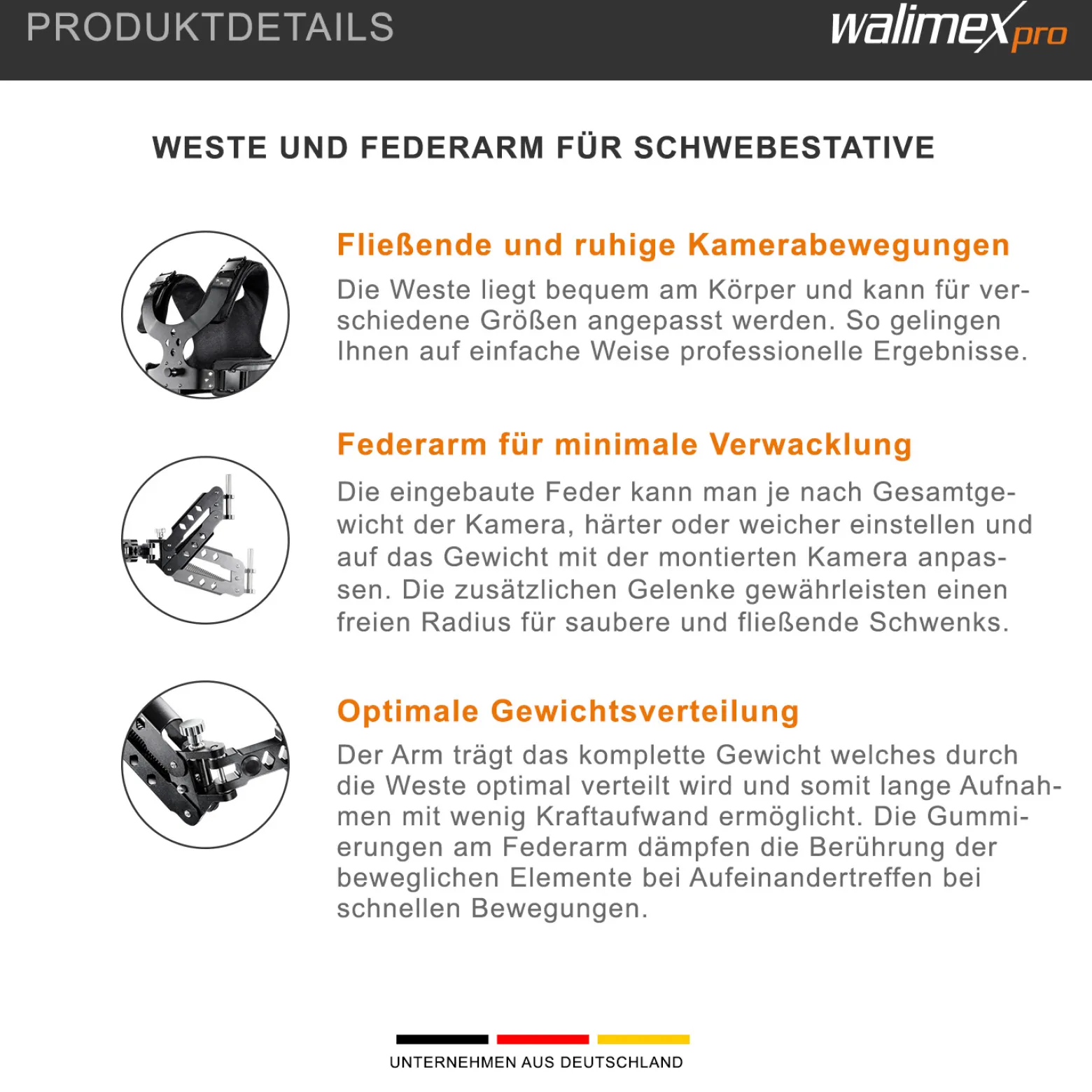 Walimex pro StabyBalance Set, Weste und Federarm für Schwebestativ bis 4 kg, Stativ Zubehör für professionelle Videografie, Videofilm