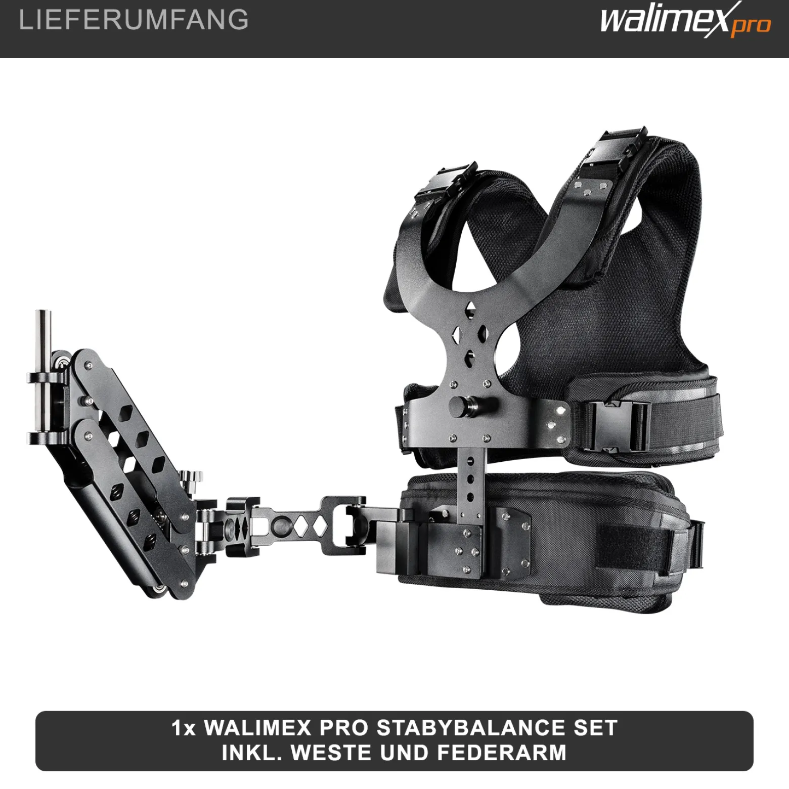 Walimex pro StabyBalance Set, Weste und Federarm für Schwebestativ bis 4 kg, Stativ Zubehör für professionelle Videografie, Videofilm