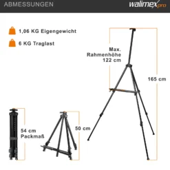 Walimex pro Staffelei L 50-165 cm, Leinwandstaffelei aus Aluminium inkl. Transporttasche, Feldstaffelei für Leinwand bis 122 cm, Leinwandstativ mit Ablage