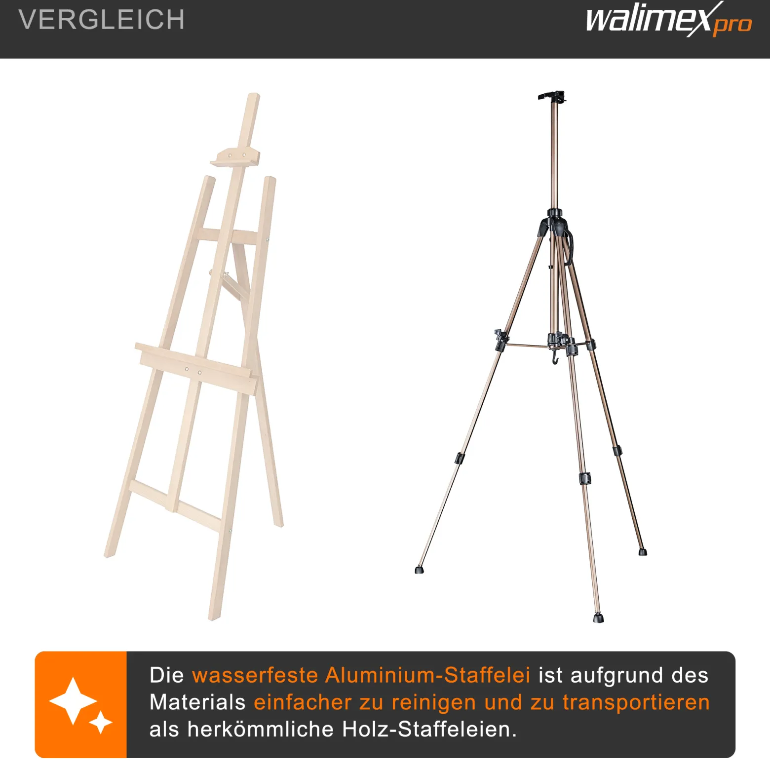 Walimex pro Staffelei M 52-155 cm, Leinwandstaffelei aus Aluminium inkl. Transporttasche, Feldstaffelei für Leinwand bis 74 cm, Leinwandstativ höhenverstellbar