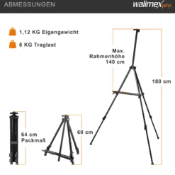 Walimex pro Staffelei XL 60-180 cm, Leinwandstaffelei aus Aluminium inkl. Transporttasche, Feldstaffelei für Leinwand bis 140 cm, Leinwandstativ mit Ablage