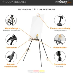 Walimex pro Staffelei XL 60-180 cm, Leinwandstaffelei aus Aluminium inkl. Transporttasche, Feldstaffelei für Leinwand bis 140 cm, Leinwandstativ mit Ablage