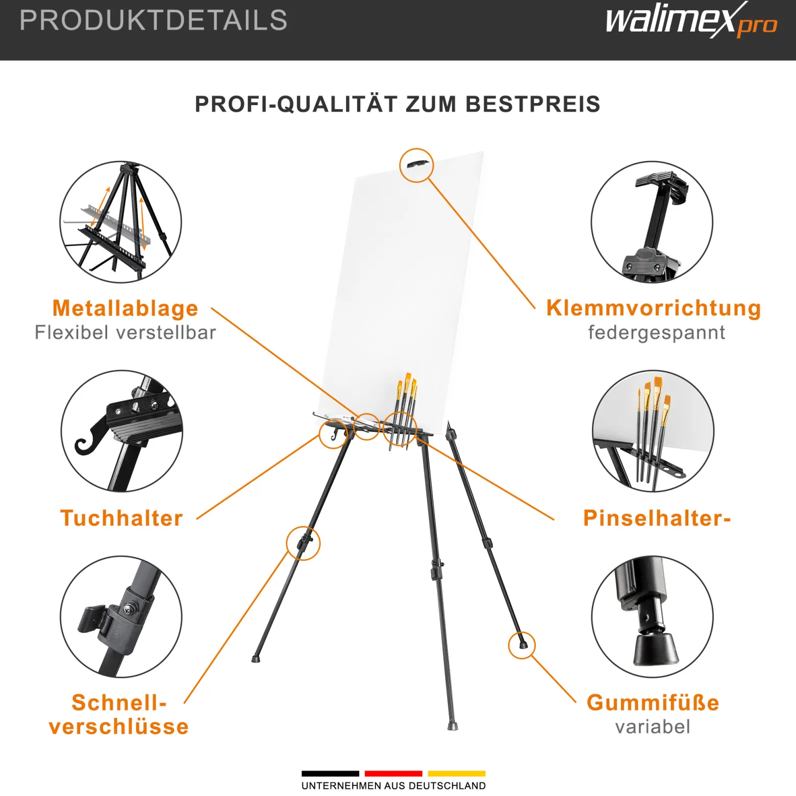 Walimex pro Staffelei XL 60-180 cm, Leinwandstaffelei aus Aluminium inkl. Transporttasche, Feldstaffelei für Leinwand bis 140 cm, Leinwandstativ mit Ablage