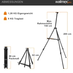 Walimex pro Staffelei XXL 62-205 cm, Leinwandstaffelei aus Aluminium inkl. Transporttasche, Feldstaffelei für Leinwand bis 150 cm, Leinwandstativ mit Ablage