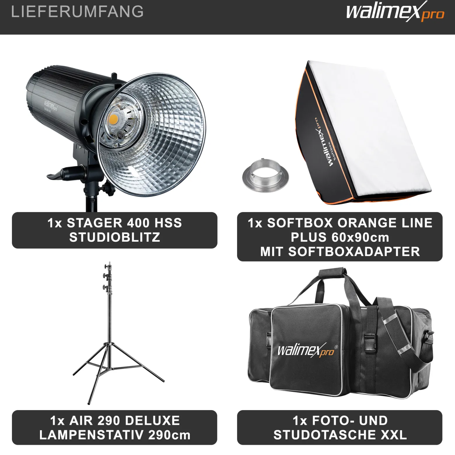 Walimex pro Stager 400 HSS Studioblitz Set, 400 W Studiolicht mit LED-Einstelllicht, Studio-Komplettset mit Softbox und Lampenstativ, ideal für Fotostudio
