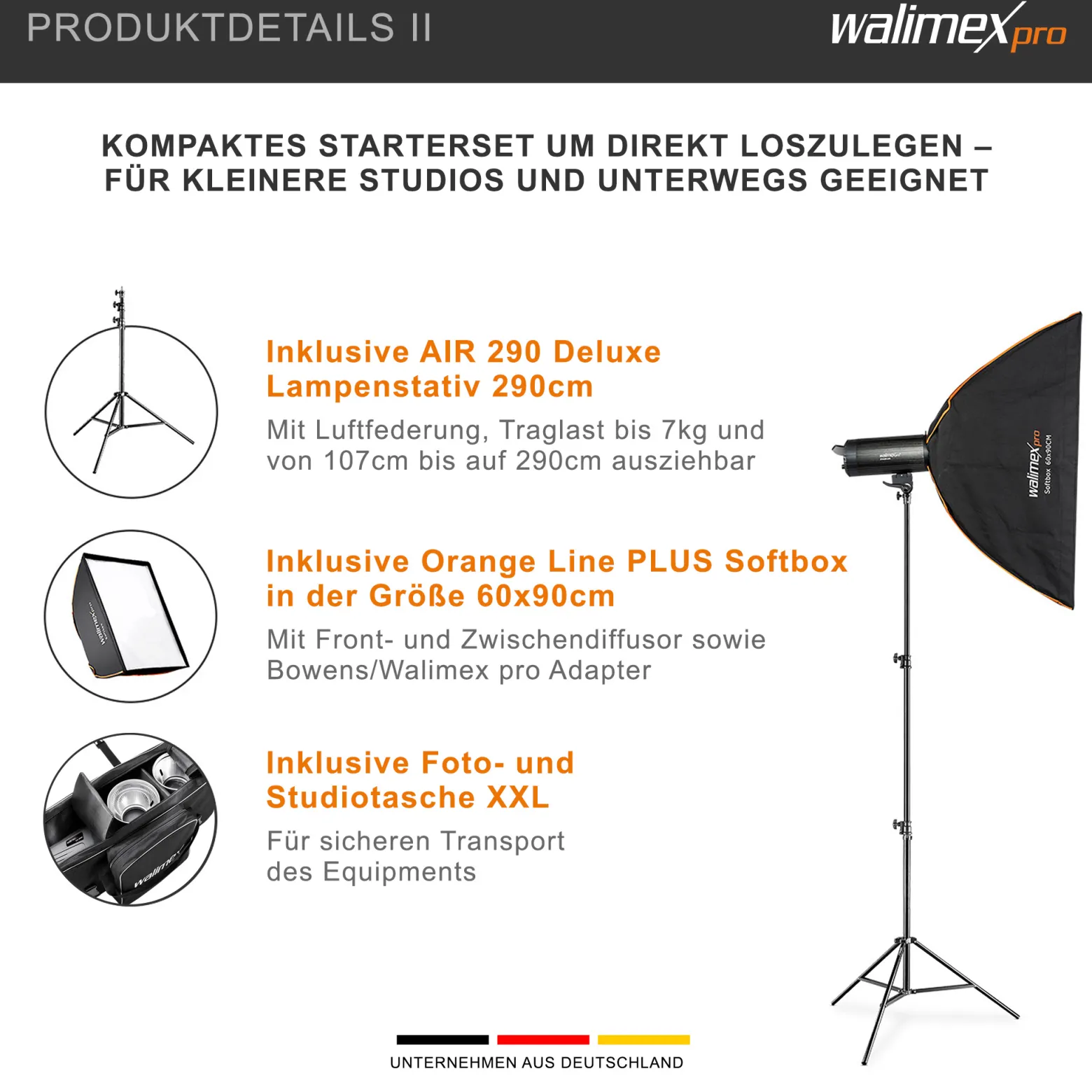 Walimex pro Stager 400 HSS Studioblitz Set, 400 W Studiolicht mit LED-Einstelllicht, Studio-Komplettset mit Softbox und Lampenstativ, ideal für Fotostudio