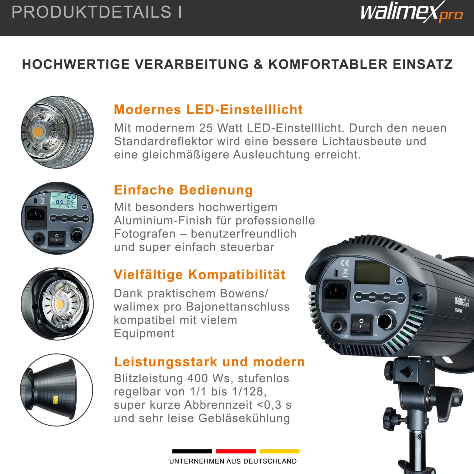 Walimex pro Stager 400 HSS Studioblitz Set, 400 W Studiolicht mit LED-Einstelllicht, Studio-Komplettset mit Softbox und Lampenstativ, ideal für Fotostudio