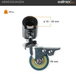 Walimex pro Stativrollen Pro 3er-Set - Lenkrollen Set - Vollmetall, Ø 50 mm - Gummi Lauffläche und Bremse - für Stativbeine Ø 18-23mm, Schwarz