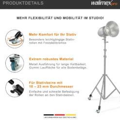 Walimex pro Stativrollen Pro 3er-Set - Lenkrollen Set - Vollmetall, Ø 50 mm - Gummi Lauffläche und Bremse - für Stativbeine Ø 18-23mm, Schwarz