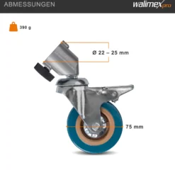 Walimex pro Stativrollen Pro 3er-Set - Stativrollen Lenkrollen Set - Vollmetall, Ø 75 mm - Gummi Lauffläche und Bremse - für Stativbeine Ø 22-25mm - für Licht Lampen und Videostativ, Schwarz