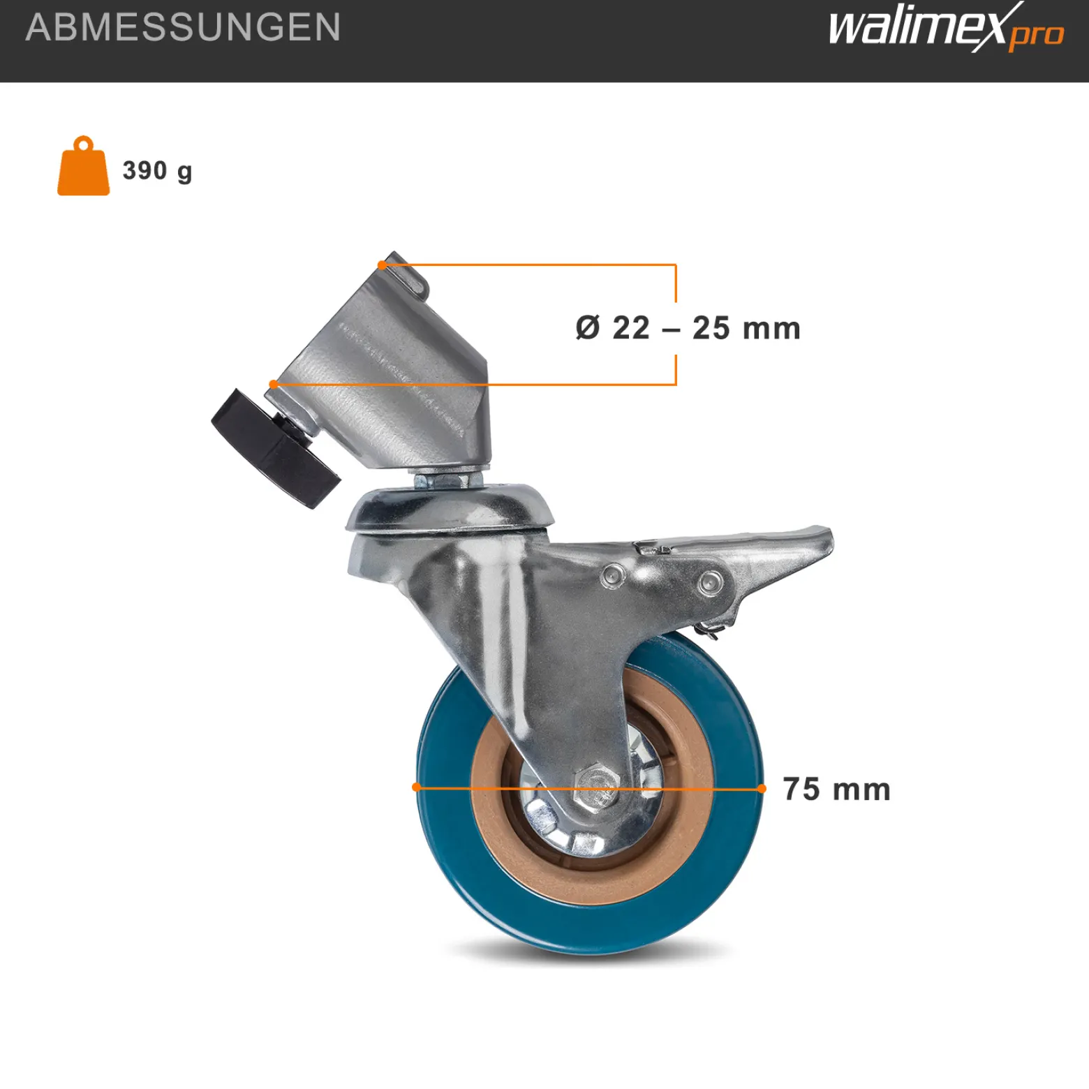 Walimex pro Stativrollen Pro 3er-Set - Stativrollen Lenkrollen Set - Vollmetall, Ø 75 mm - Gummi Lauffläche und Bremse - für Stativbeine Ø 22-25mm - für Licht Lampen und Videostativ, Schwarz