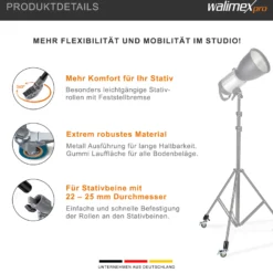 Walimex pro Stativrollen Pro 3er-Set - Stativrollen Lenkrollen Set - Vollmetall, Ø 75 mm - Gummi Lauffläche und Bremse - für Stativbeine Ø 22-25mm - für Licht Lampen und Videostativ, Schwarz