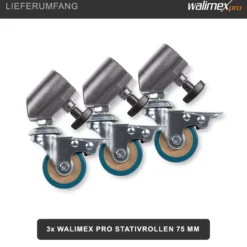 Walimex pro Stativrollen Pro 3er-Set - Stativrollen Lenkrollen Set - Metall und Alu, Ø 75 mm - mit Feststellbremse - für Stativbeine Ø 18-22mm - für Licht Lampen und Videostativ, Grau