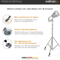 Walimex pro Stativrollen Pro 3er-Set - Stativrollen Lenkrollen Set - Metall und Alu, Ø 75 mm - mit Feststellbremse - für Stativbeine Ø 18-22mm - für Licht Lampen und Videostativ, Grau