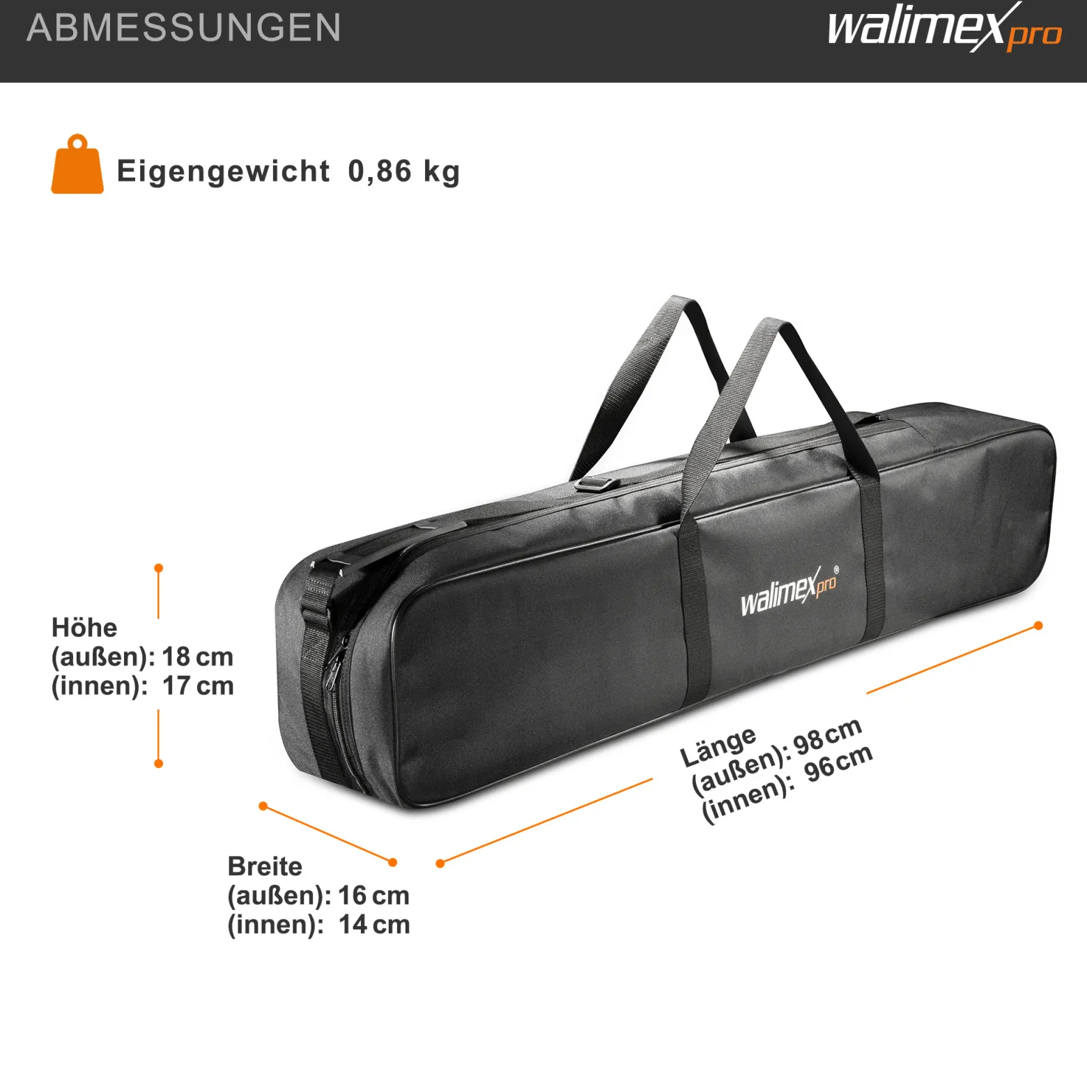 Walimex pro Stativtasche 98 cm für Max. 4 Studiostative bis 96 cm - Tragetasche mit Schultergurt, Praktisch und komfortabel, dicke Polsterung, außen: 98 x 18 x 16 cm, Innen 96 x 17 x 14 cm