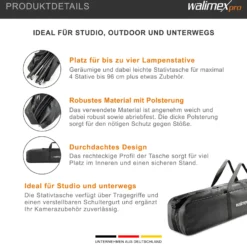 Walimex pro Stativtasche 98 cm für Max. 4 Studiostative bis 96 cm - Tragetasche mit Schultergurt, Praktisch und komfortabel, dicke Polsterung, außen: 98 x 18 x 16 cm, Innen 96 x 17 x 14 cm