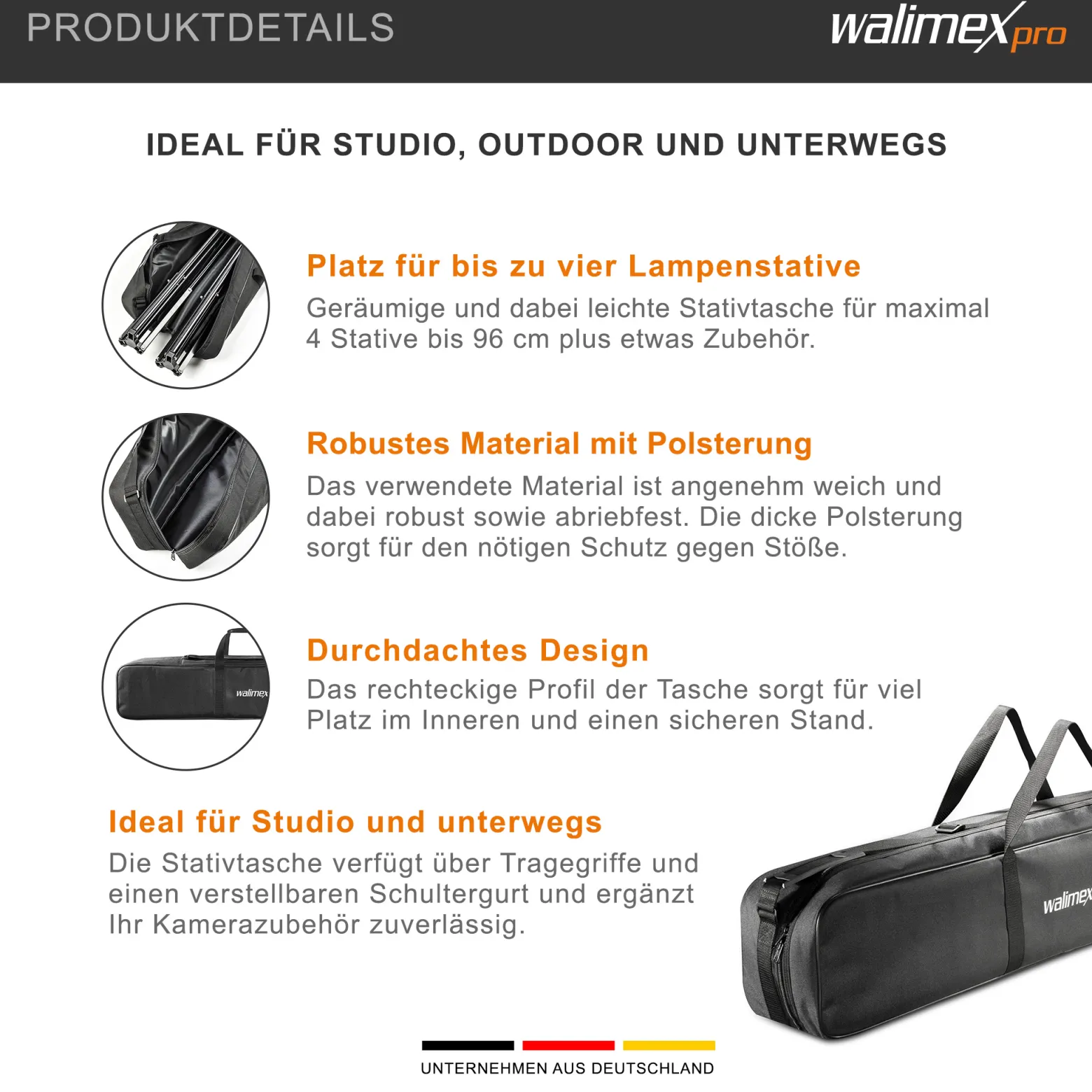 Walimex pro Stativtasche 98 cm für Max. 4 Studiostative bis 96 cm - Tragetasche mit Schultergurt, Praktisch und komfortabel, dicke Polsterung, außen: 98 x 18 x 16 cm, Innen 96 x 17 x 14 cm