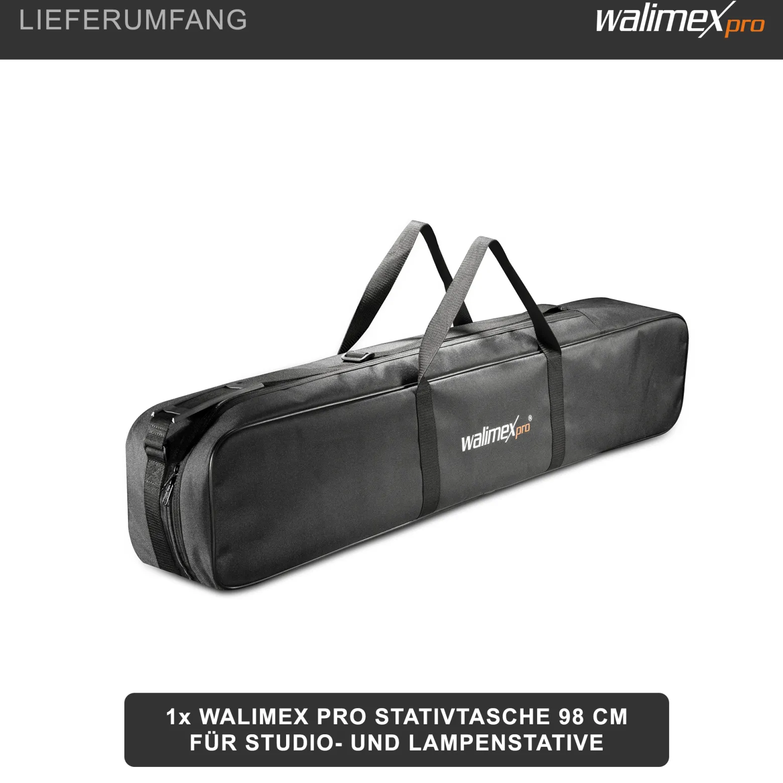 Walimex pro Stativtasche 98 cm für Max. 4 Studiostative bis 96 cm - Tragetasche mit Schultergurt, Praktisch und komfortabel, dicke Polsterung, außen: 98 x 18 x 16 cm, Innen 96 x 17 x 14 cm