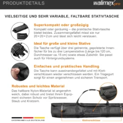 Walimex pro Stativtasche Vario 120 cm – 1200 x 580 x 200 mm – robuste Tasche für bis zu 3 Stative, leicht & faltbar, mit Tragegurt & Zubehörfach