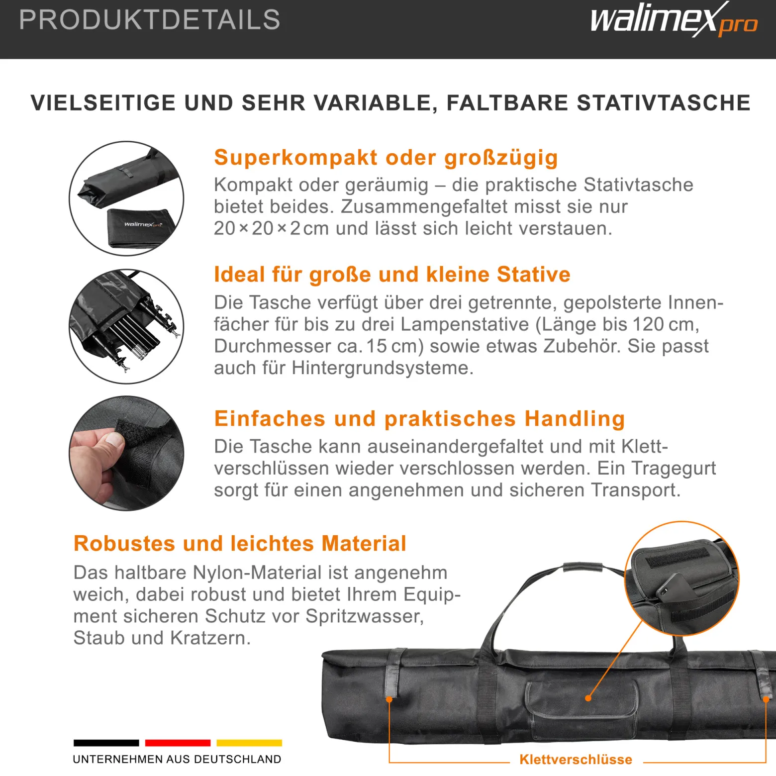 Walimex pro Stativtasche Vario 120 cm – 1200 x 580 x 200 mm – robuste Tasche für bis zu 3 Stative, leicht & faltbar, mit Tragegurt & Zubehörfach