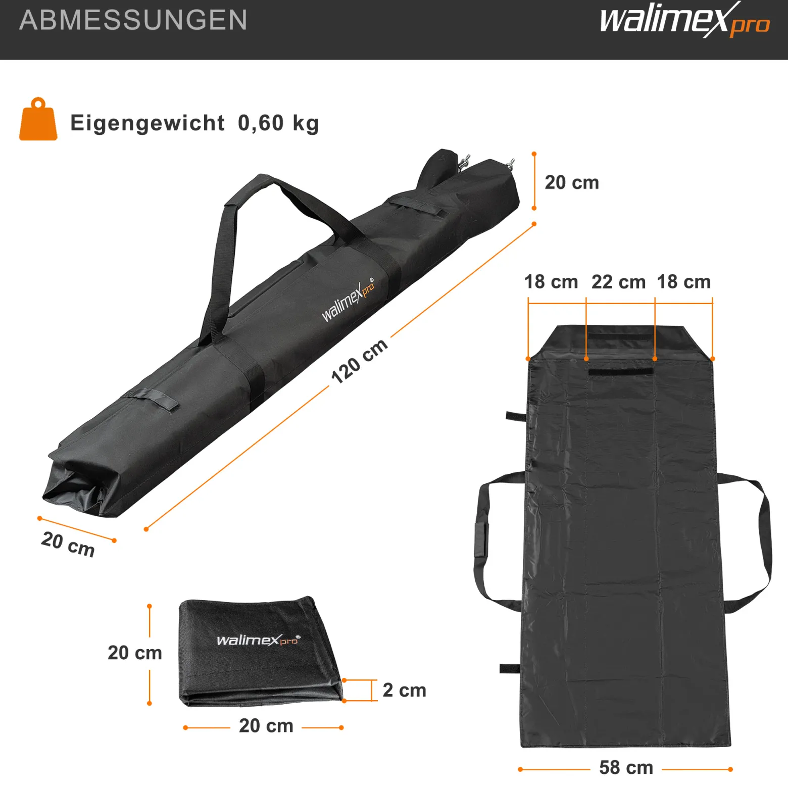 Walimex pro Stativtasche Vario 120 cm – 1200 x 580 x 200 mm – robuste Tasche für bis zu 3 Stative, leicht & faltbar, mit Tragegurt & Zubehörfach