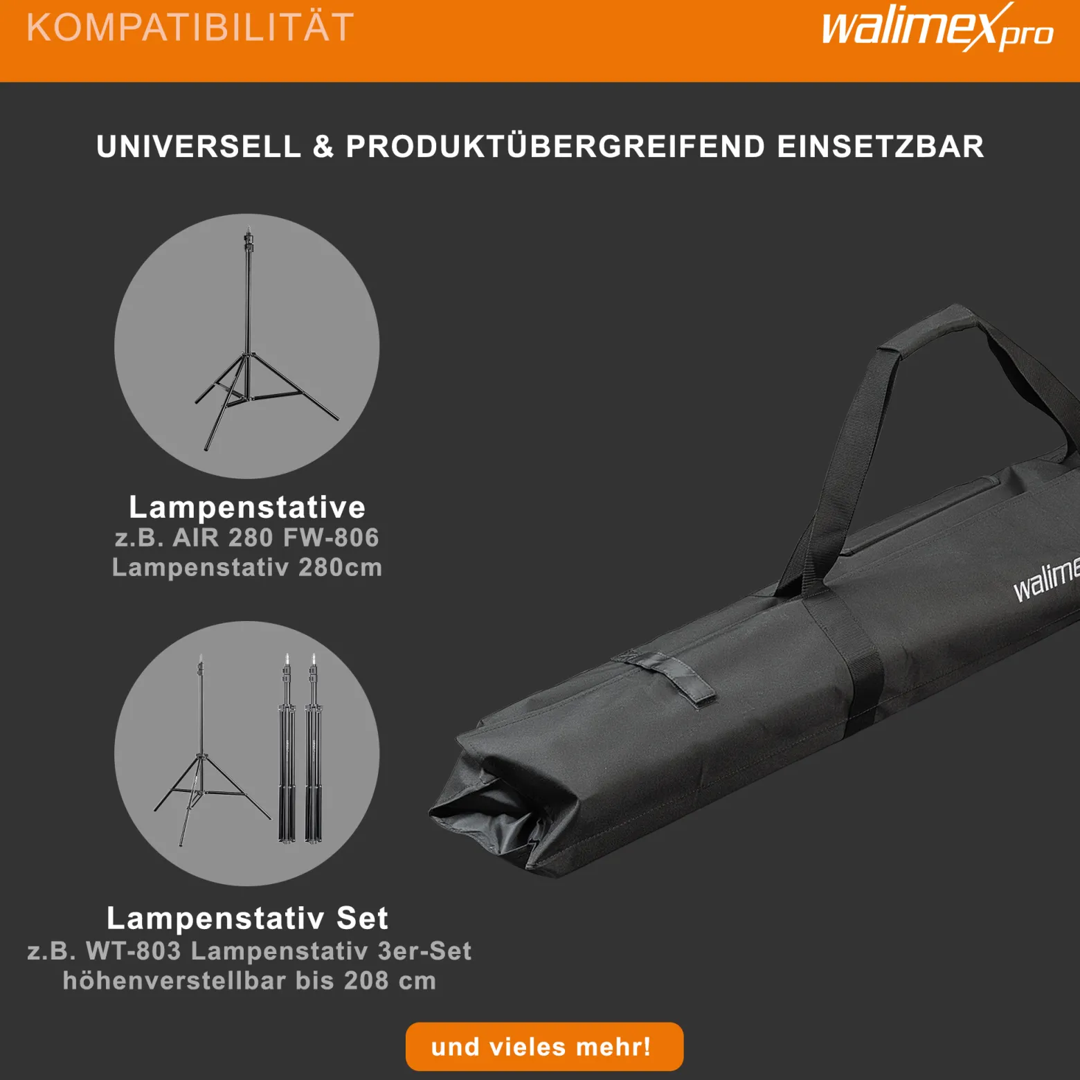 Walimex pro Stativtasche Vario 120 cm – 1200 x 580 x 200 mm – robuste Tasche für bis zu 3 Stative, leicht & faltbar, mit Tragegurt & Zubehörfach