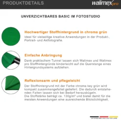 Walimex pro Stoffhintergrund 2,85 x 6 m chroma grün, Fotohintergrund aus Polyester 130 g/m², Hintergrund aus Stoff mit Tunnel für Hintergrundsystem, ideal für Fotostudio