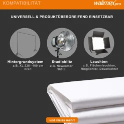 Walimex pro Stoffhintergrund 2,85 x 6 m weiß, Fotohintergrund aus Polyester 120 g/m², Hintergrund aus Stoff mit Tunnel für Hintergrundsystem, Backdrop ideal für Fotostudio