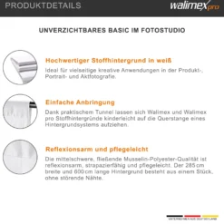 Walimex pro Stoffhintergrund 2,85 x 6 m weiß, Fotohintergrund aus Polyester 120 g/m², Hintergrund aus Stoff mit Tunnel für Hintergrundsystem, Backdrop ideal für Fotostudio
