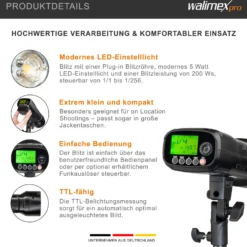 Walimex pro Studio-Akkublitz Mover 200 TTL - Kompakter Studioblitz mit 2.4GHz Empfänger, HSS Und TTL-Fähig, 2.900 mAh Kapazität, 200 W Blitzleistung, Ideal Für Outdoor-Fotografen