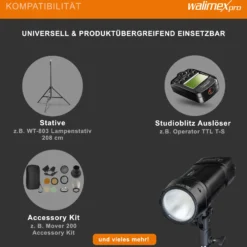Walimex pro Studio-Akkublitz Mover 200 TTL - Kompakter Studioblitz mit 2.4GHz Empfänger, HSS Und TTL-Fähig, 2.900 mAh Kapazität, 200 W Blitzleistung, Ideal Für Outdoor-Fotografen