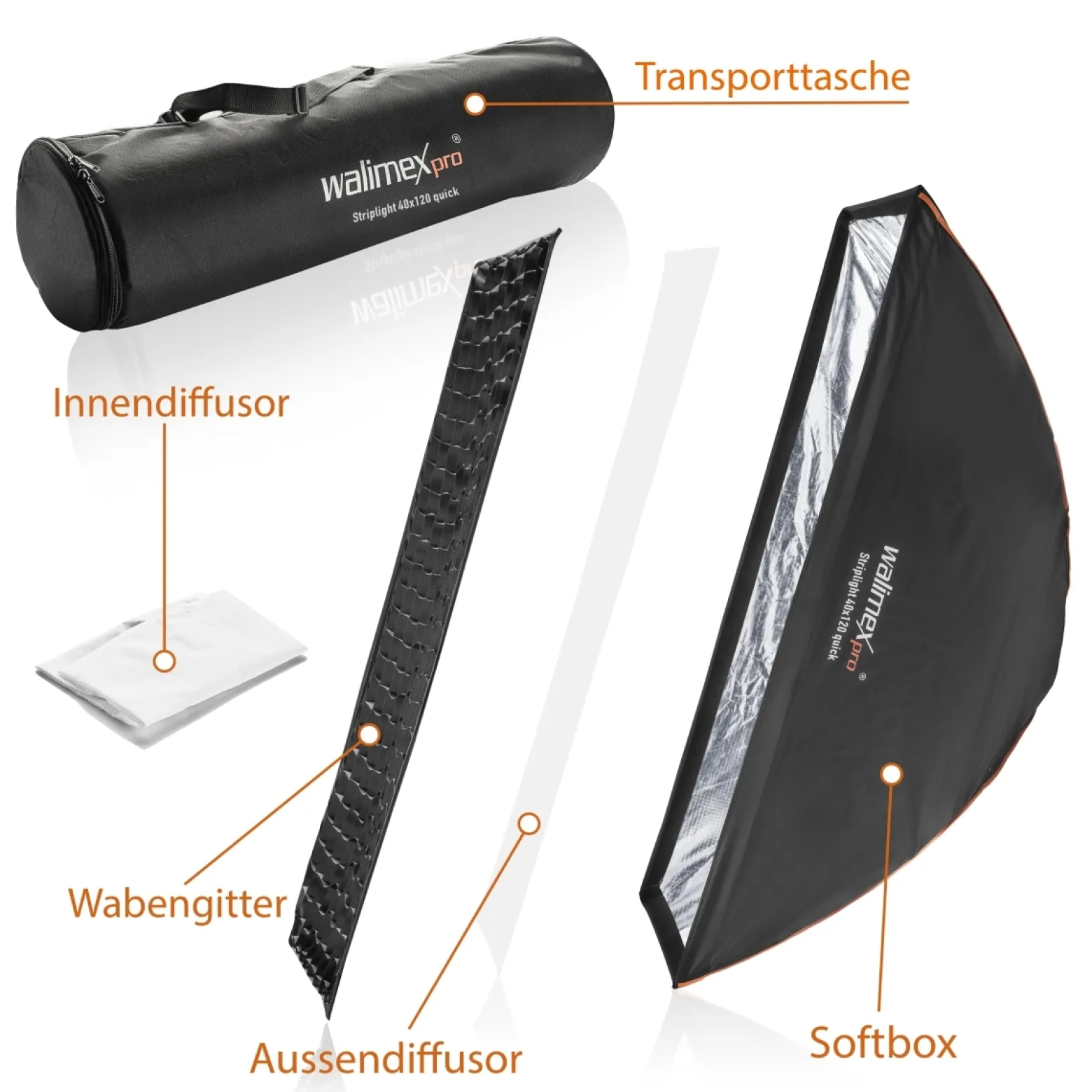 Walimex pro Studio Line Striplight Softbox 40 x 120 cm, Soft Box inkl. Diffusor, Lichtformer 360° drehbar, faltbar, schneller Aufbau, für Studioblitz oder Studioleuchte