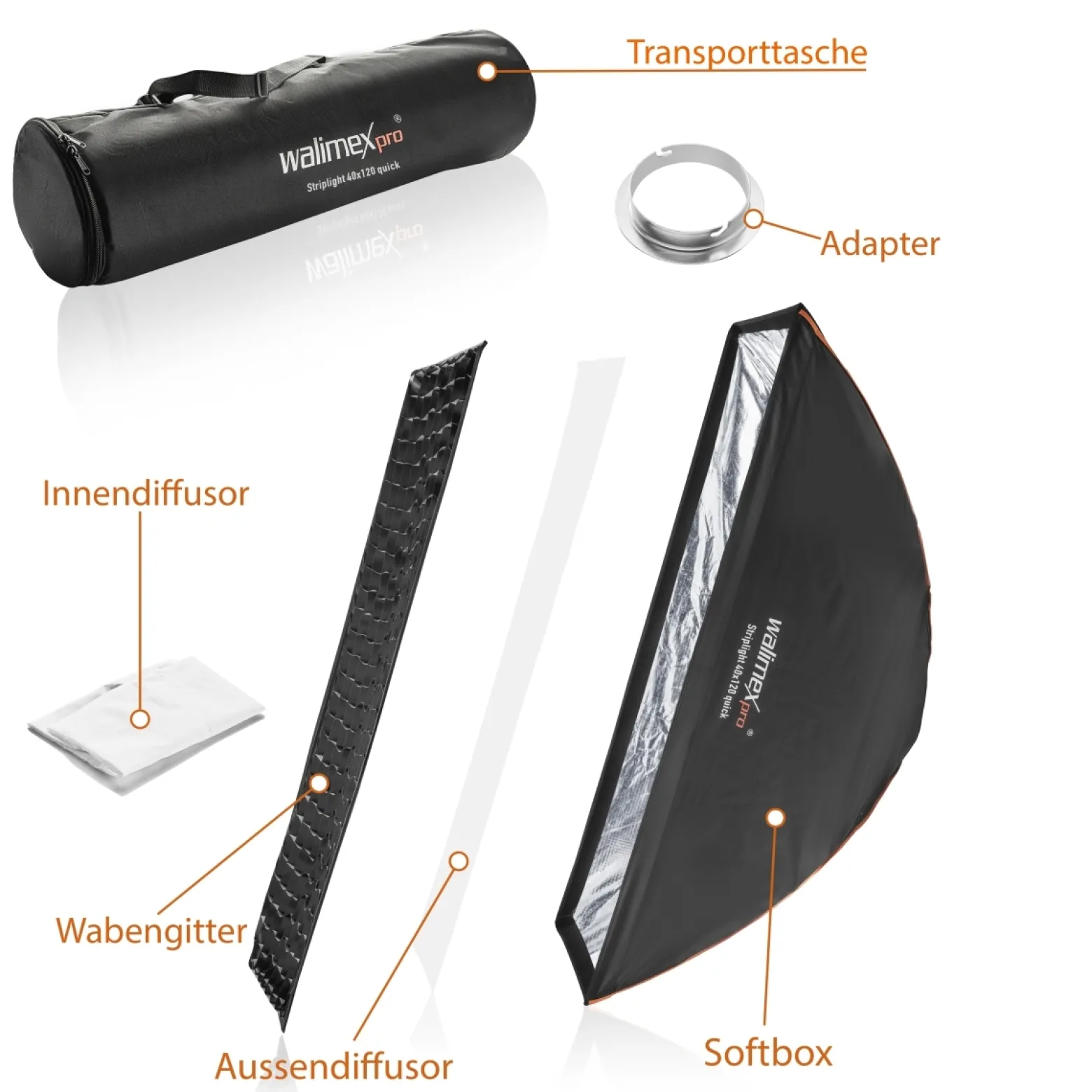Walimex pro Studio Line Striplight Softbox 40 x 120 cm, Soft Box inkl. Diffusor, Lichtformer 360° drehbar, faltbar, schneller Aufbau, für Studioblitz oder Studioleuchte - inkl. Adapter für Elinchrom