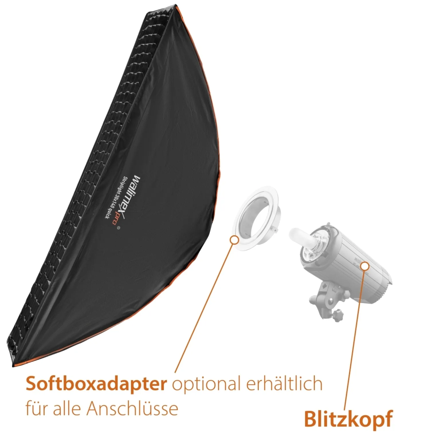 Walimex pro Studio Line Striplight Softbox – Streiflicht, 1400 x 300 x 600 mm - faltbar - mit Quick Assemble System, Grid, Innen- und Außendiffusor, Speedring - für Aufsteckblitz Studioblitz