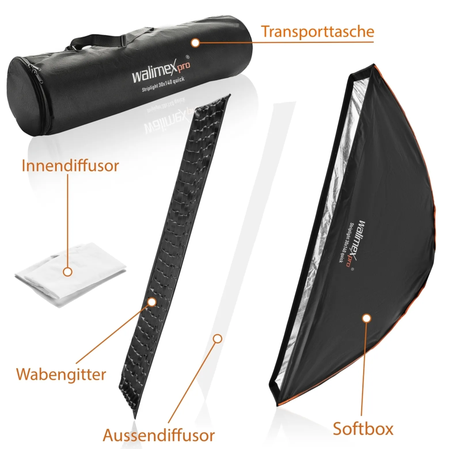 Walimex pro Studio Line Striplight Softbox – Streiflicht, 1400 x 300 x 600 mm - faltbar - mit Quick Assemble System, Grid, Innen- und Außendiffusor, Speedring - inkl. Adapters für Aurora/Bowens