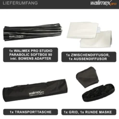 Walimex pro Studio Parabolic Softbox 90cm, um 360° drehbar, einfacher Aufbau dank Schirmfunktion, inkl. Grid, Maske, Bowens Adapter und Transporttasche, ideal für Porträts und Beauty-Aufnahmen